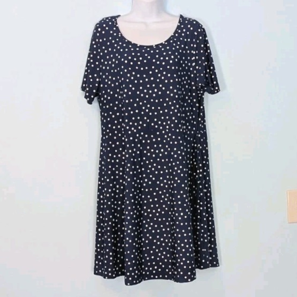 Woman Within Stretch Dress Blue Polka Dot Women's Medium 14/16 Flowy Comfortable